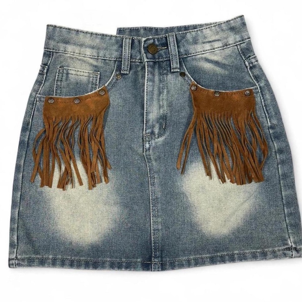 Denim Skirt with Fringe Accents